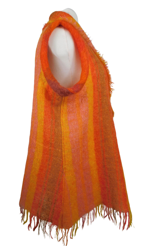 Orange and red striped vest - side view -  with fringes on a white background