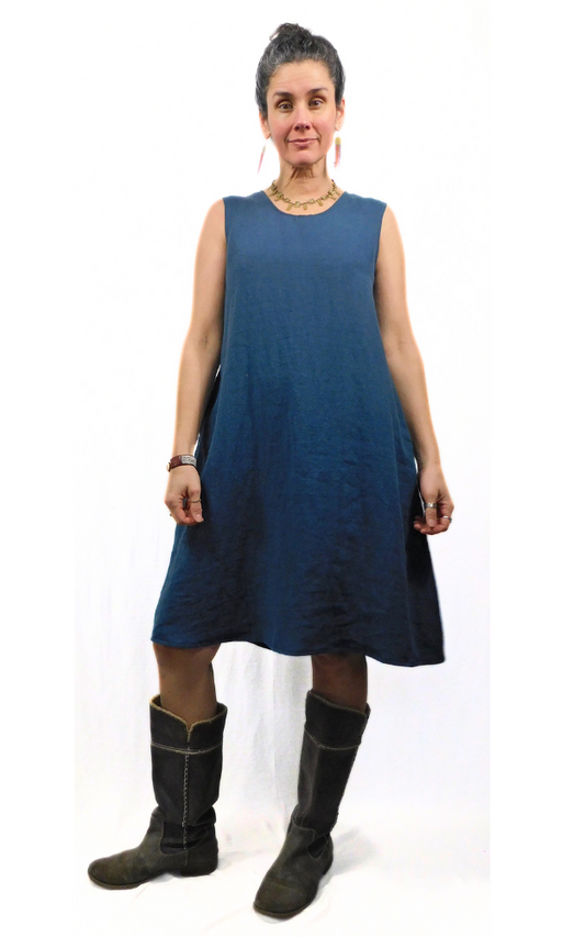 100% LINEN Long Sleeveless Dress w Pockets - Petrol Blue