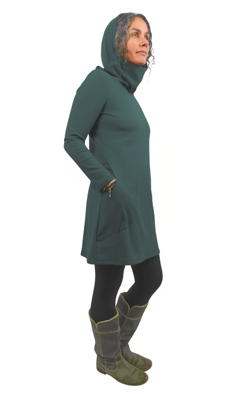 Person wearing a green hooded Tunic and boots on a white background
