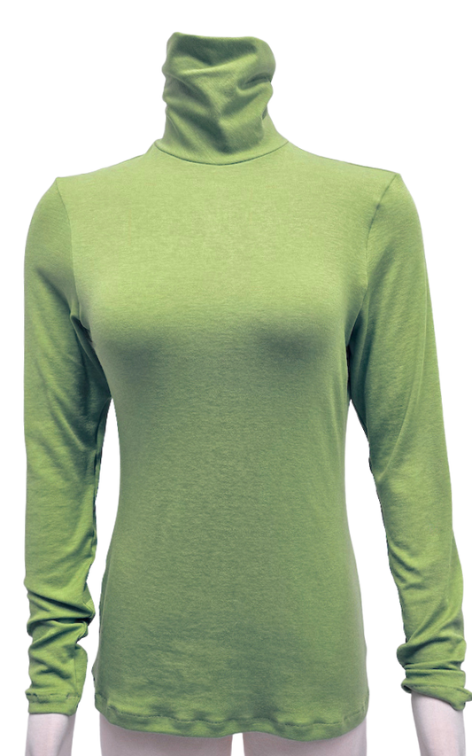 A lime green long-sleeve turtleneck top displayed on a mannequin against a plain white background.