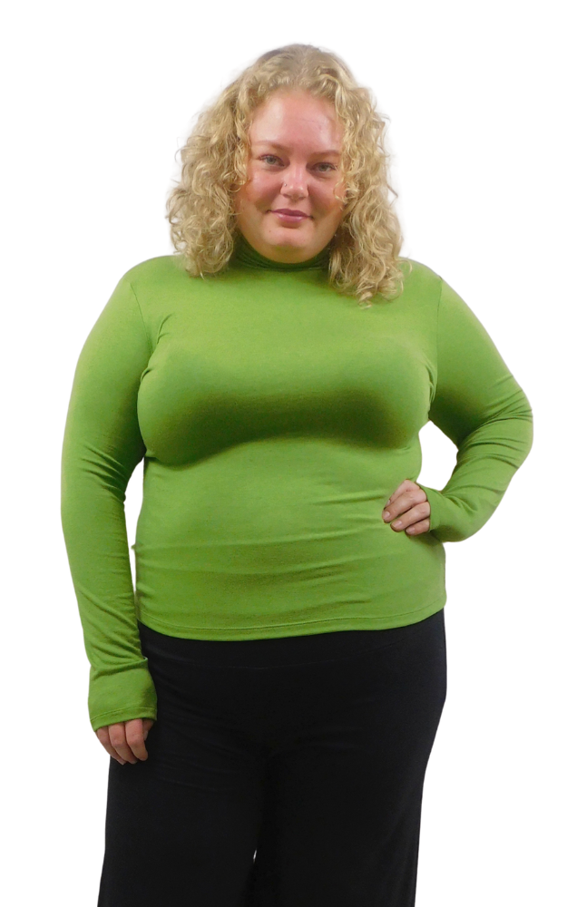 A woman modelling a lime green long sleeve turtle neck sweater