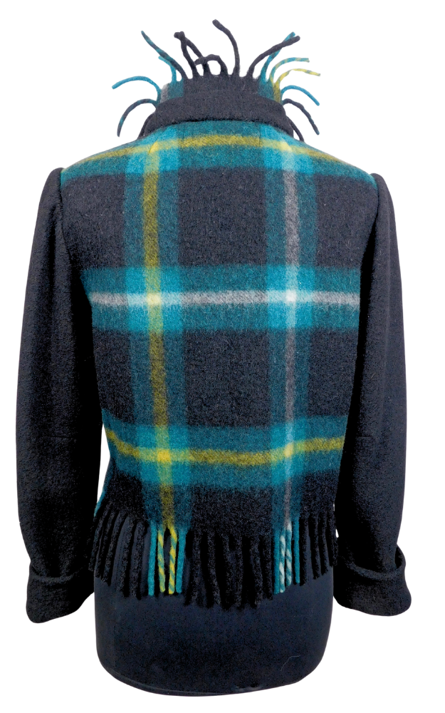 Back view of a plaid jacket with fringes on a white background