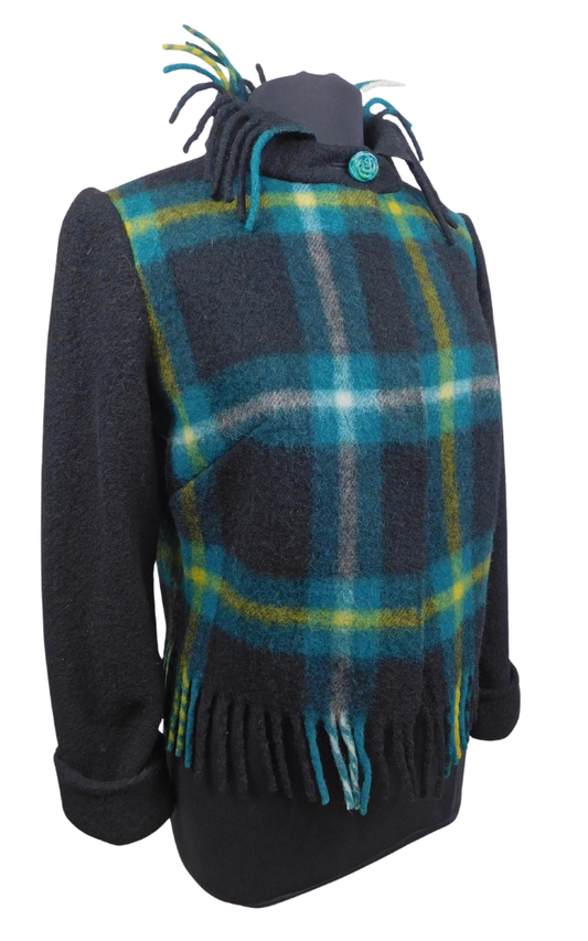 Plaid jacket with fringes and cuffed black sleeves on a plain background