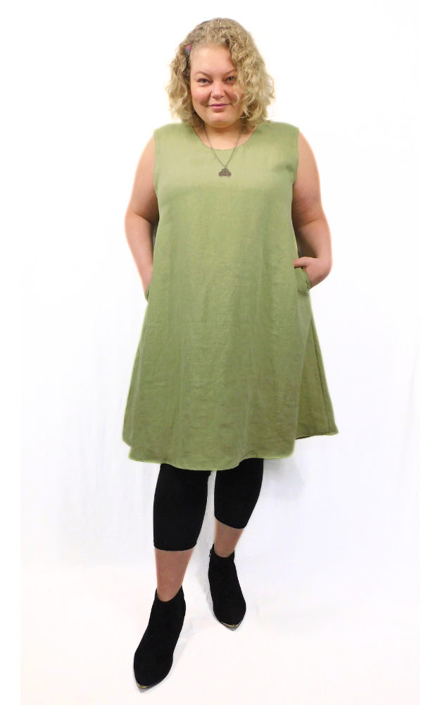 100% LINEN Long Sleeveless Dress w Pockets - Kelp Green