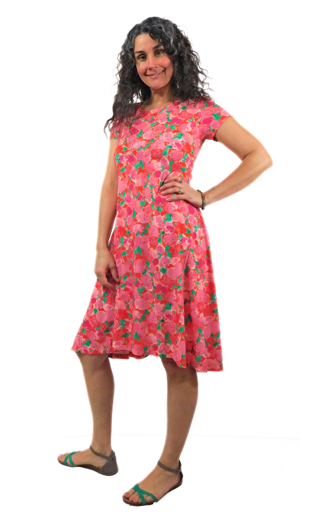 Viscose Semi Fitted Dress Short Sleeve - Rose Print