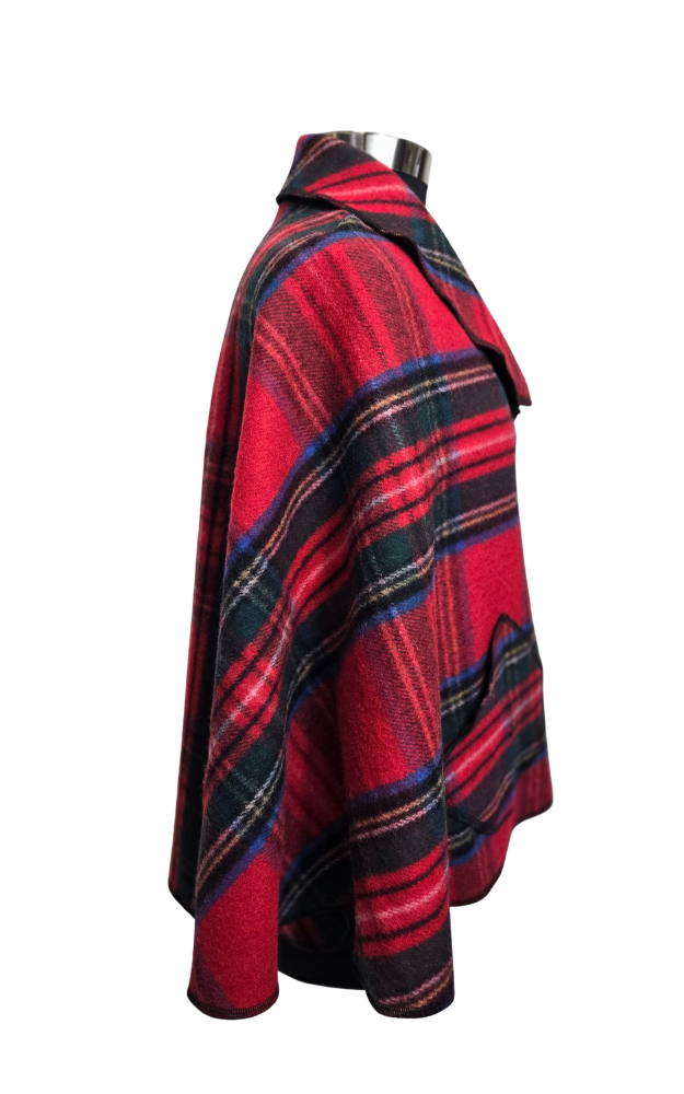 Red and black tartan plaid cape side view  on a white background