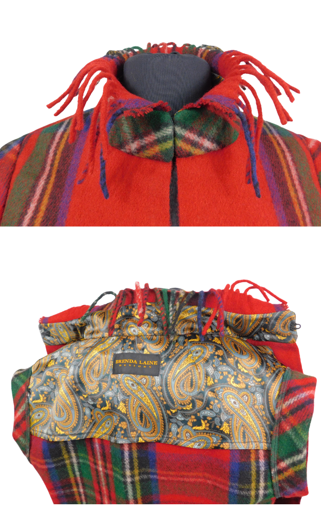 A paisley interior lining of red tartan jacket displayed on a mannequin against a white background, with a close-up of the red and green plaid fringed collar.