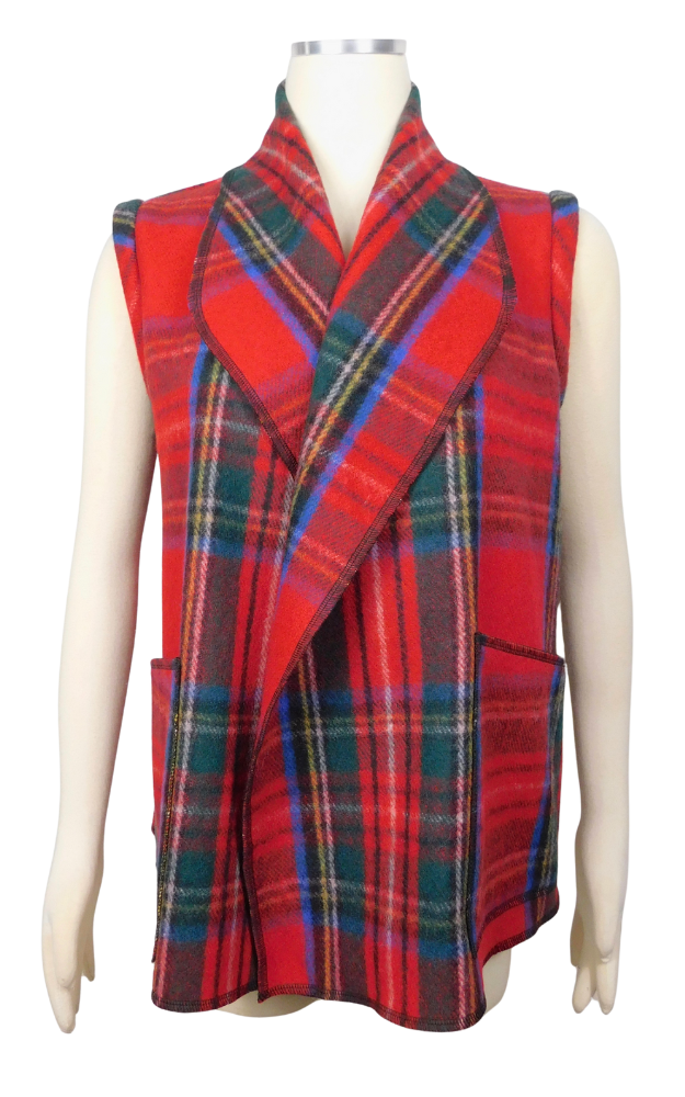 Red plaid vest on a mannequin against a white background
