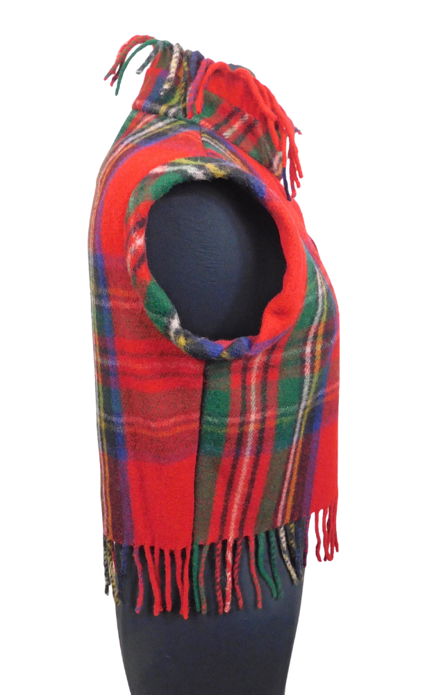 A red tartan plaid vest with fringe ends, side view on a black mannequin torso against a plain white background.