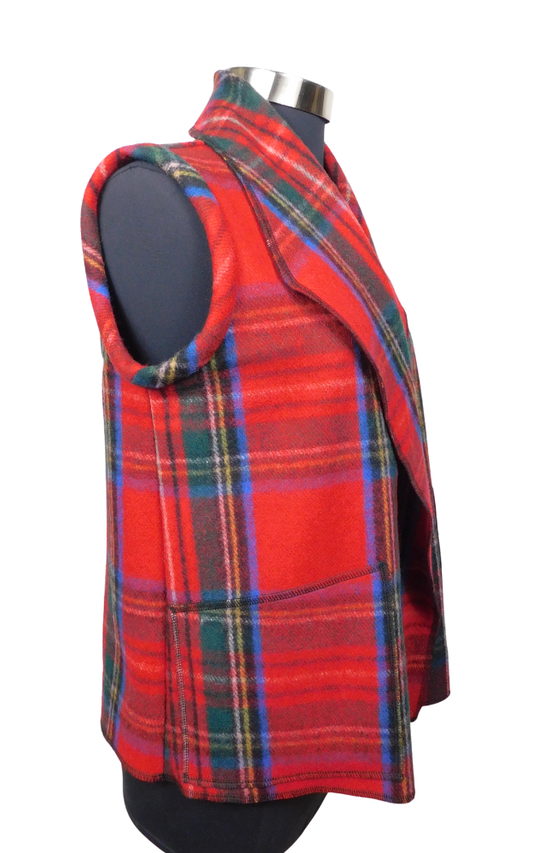 Red plaid vest side view on a mannequin against a white background