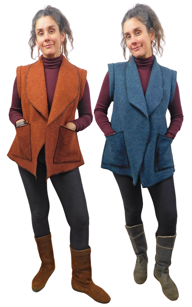 Two pictures of the same Woman wearing Rust Colour and a Blue Colour Boiled Wool Vest with patch pockets over a wine colour sweater and black leggings and boots,