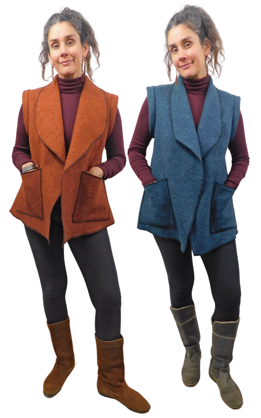 Two pictures of the same Woman wearing Rust Colour and a Blue Colour Boiled Wool Vest with patch pockets over a wine colour sweater and black leggings and boots,