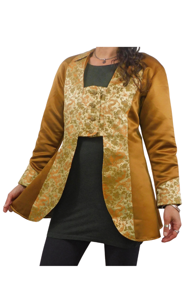Figure wearing a bronze satin jacket with gold patterned front, collar and cuff against a white background