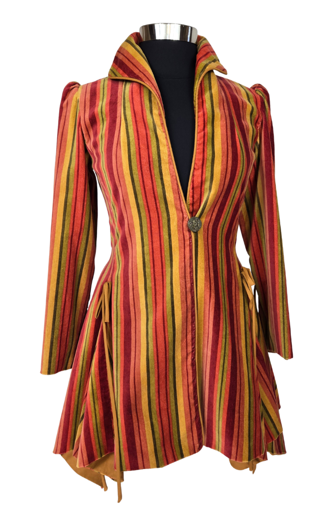 Multicolored striped coat on a mannequin against a white background