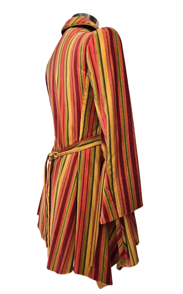 Striped coat back side view with red, yellow, and green colors on a white background