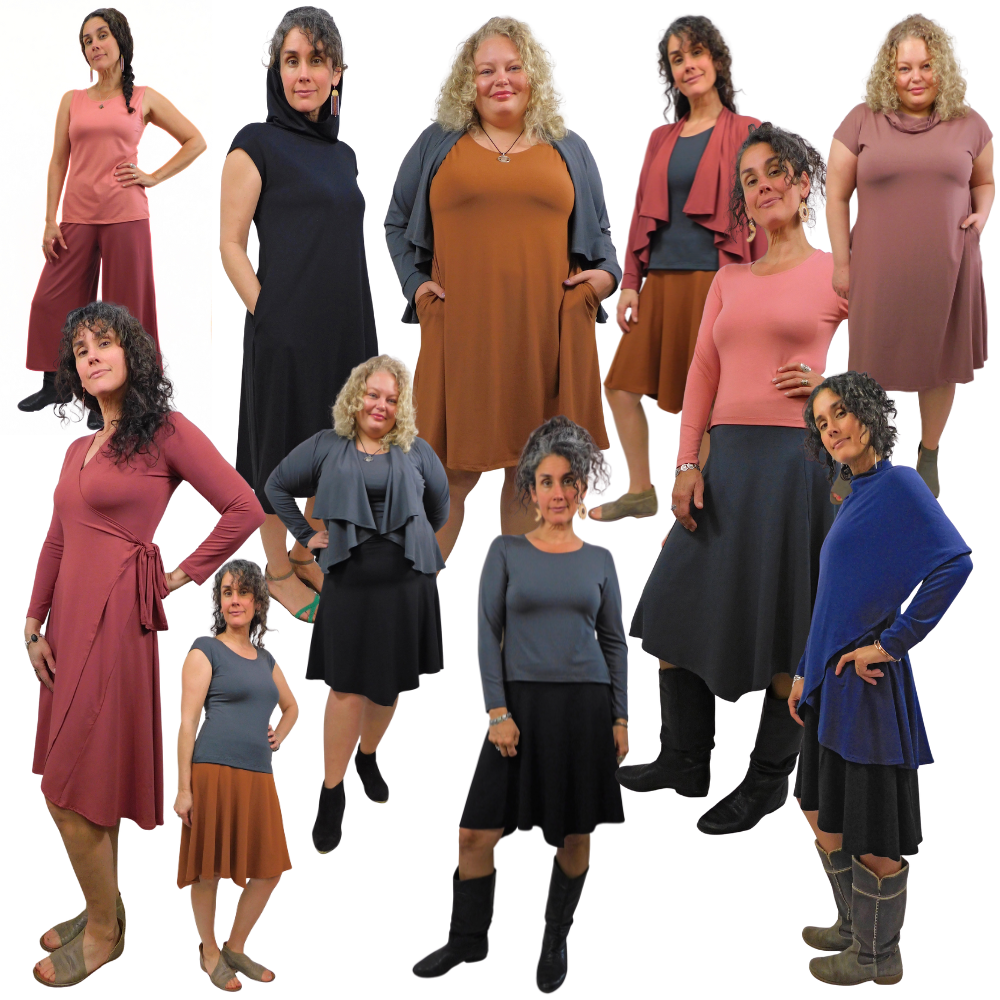 Collection of women wearing various outfits on a white background