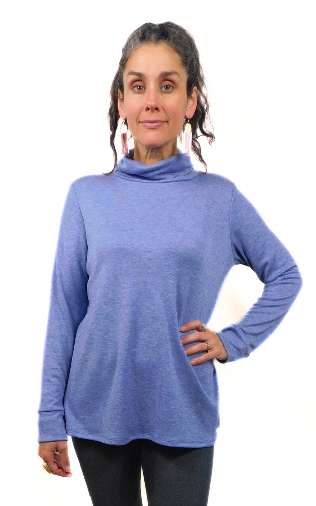 Tencel Merino Wool Cowl Roll Neck Sweater - Heather Blue