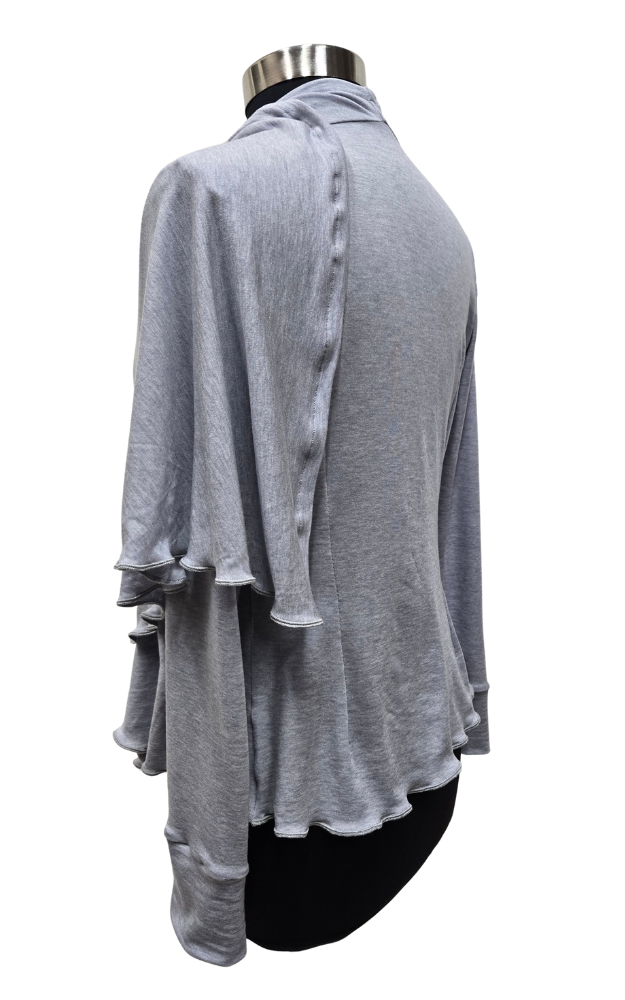 Gray long-sleeve wrap top on a mannequin against a white background