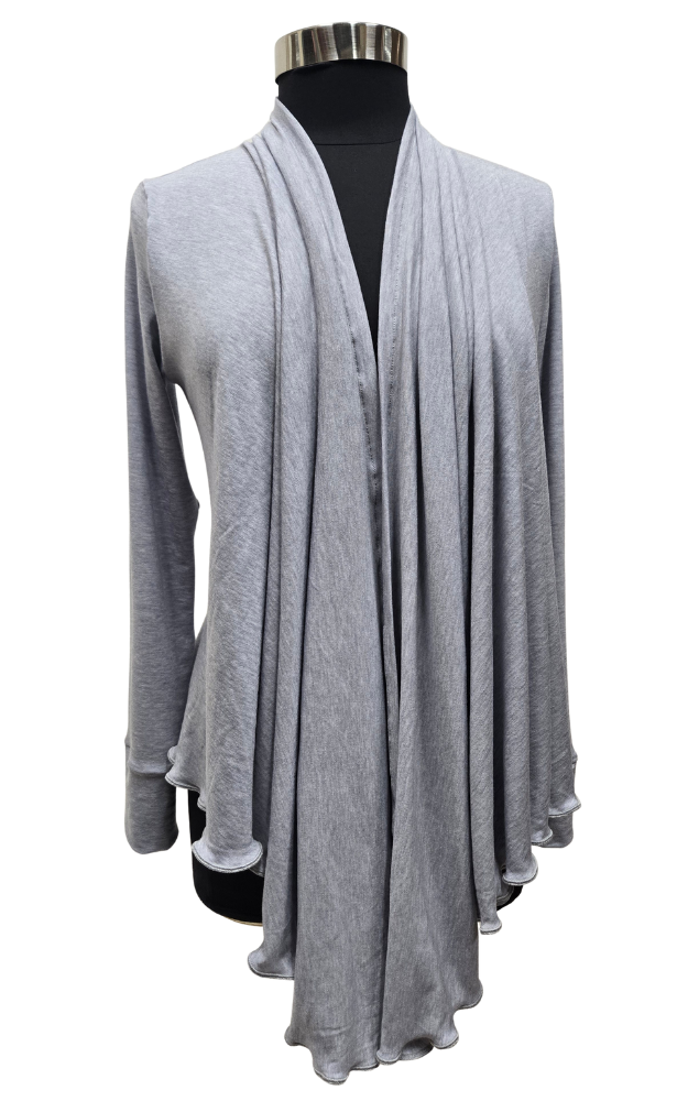 Gray cardigan on a mannequin against a white background