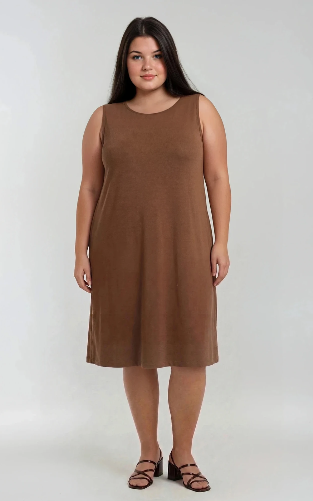 Sleeveless LONG Dress w/pockets -PLUS - Toffee/Graphite/Gold