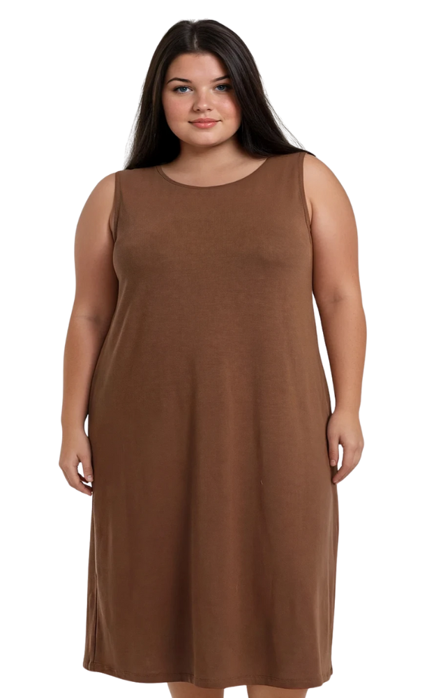 Woman wearing a brown sleeveless dress on a white background