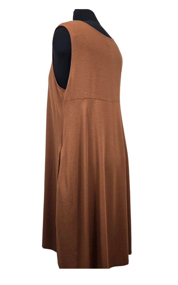 Brown sleeveless dress with black neckline on a white background