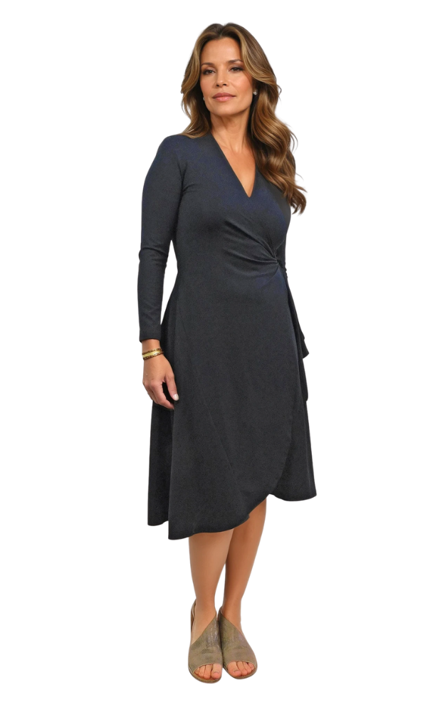 Woman wearing a black dress on a white background