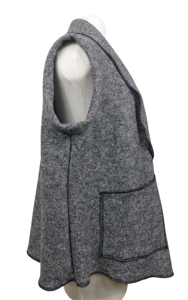 Side view of a charcoal boiled wool vest on a dummy