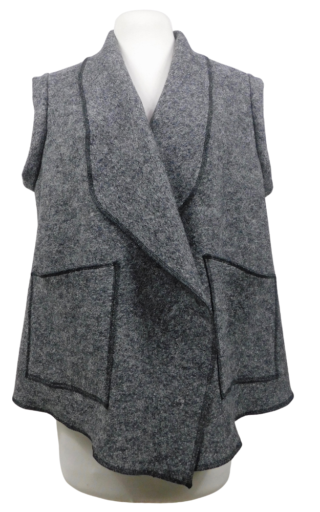 Front View of a charcoal boiled wool vest with patch pockets and lapel on a dummy