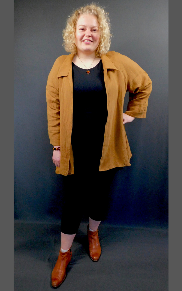 Caramel Colour 100% Linen Raglan Shirt Jacket Plus Size by Brenda Laine