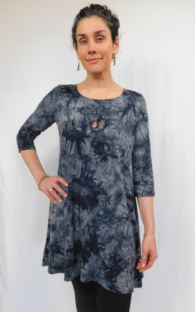 Bamboo Tie Dye 3/4 Sleeve Tunic Top - Black