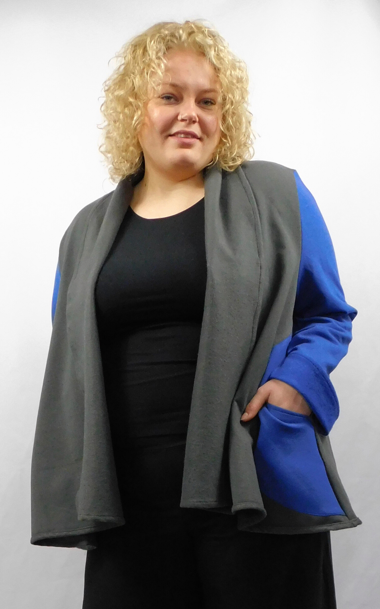 Bamboo Cotton Fleece Long Swing Jacket Plus Size with Side Pockets Twilight Blue  and Raven Gray 