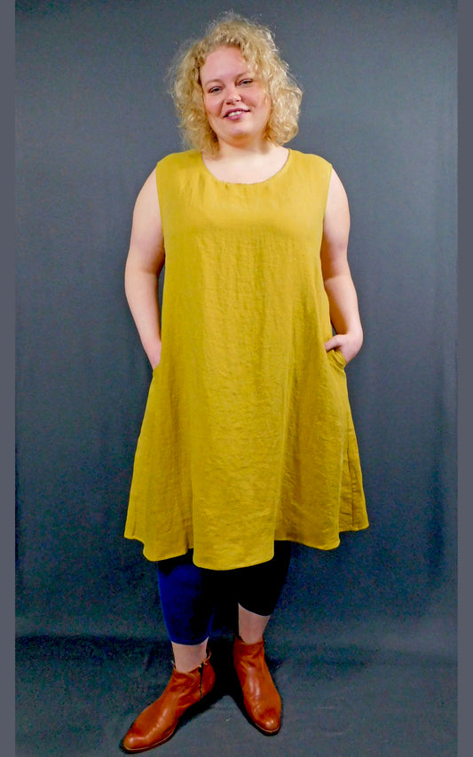 100% Linen Sleeveless Dress w pockets, colour Amber (Gold)