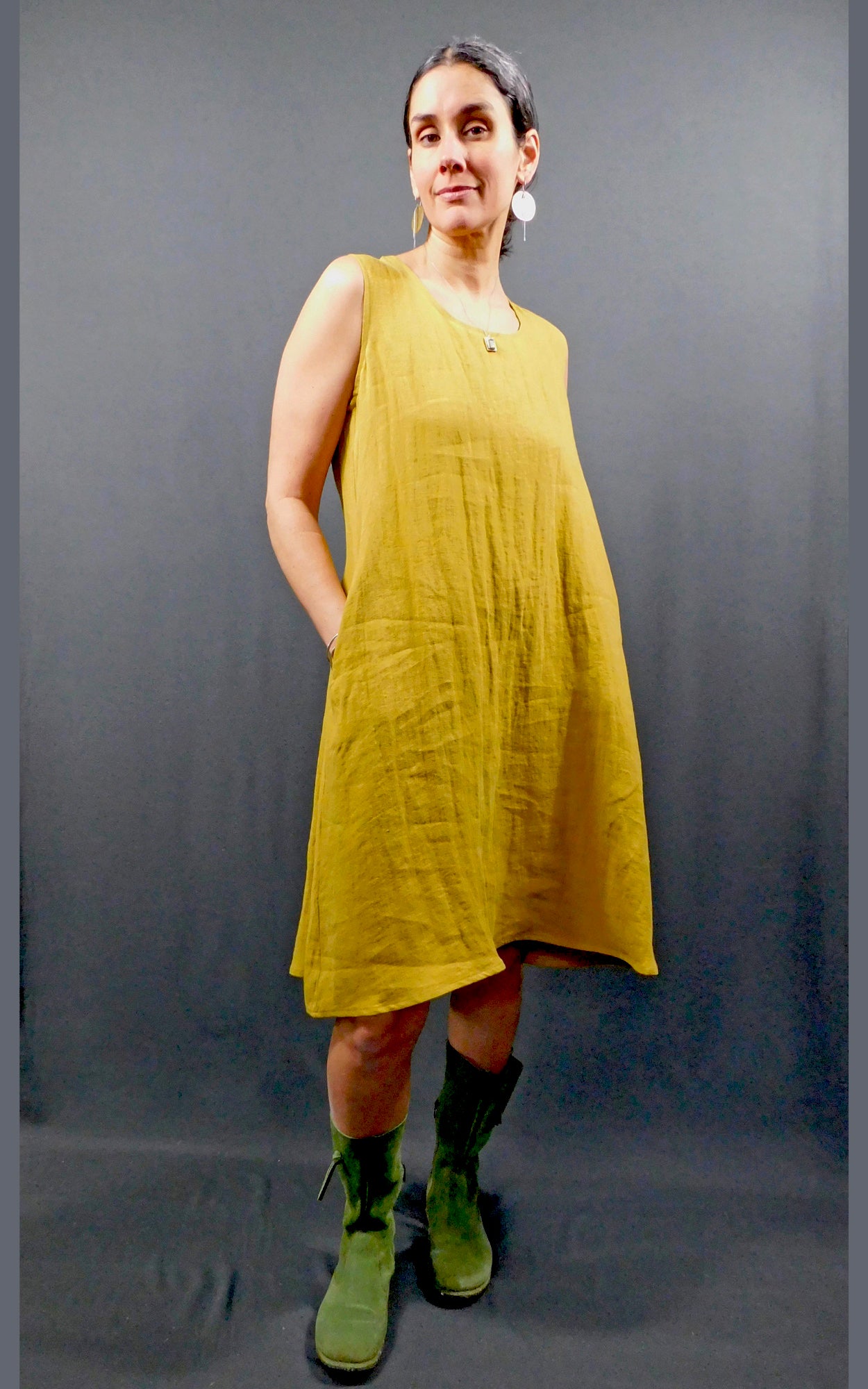 100% Linen Sleeveless Dress w pockets, colour Amber (Gold)