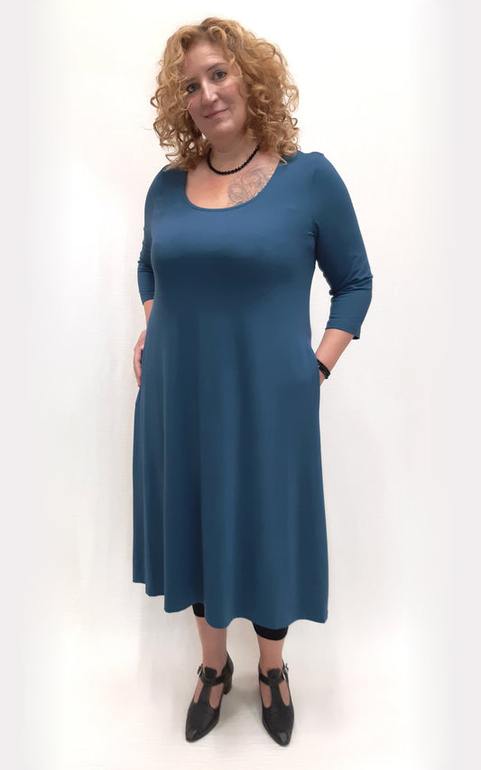 Bamboo 3/4 Sleeve Long Tunic Dress with side pockets - Captain Blue - Size XXL