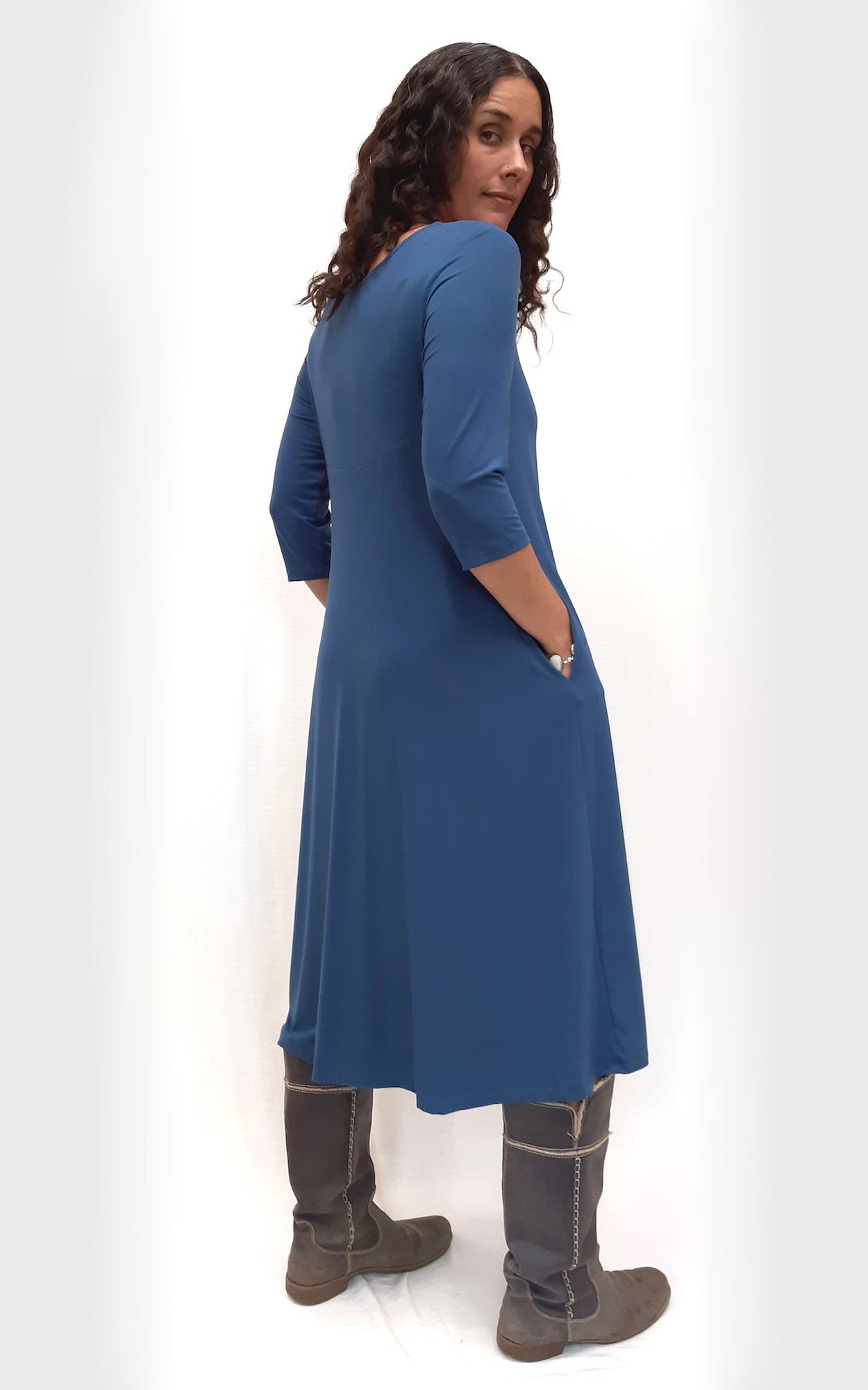 Bamboo 3/4 Sleeve Long Tunic Dress with side pockets - Captain Blue 
