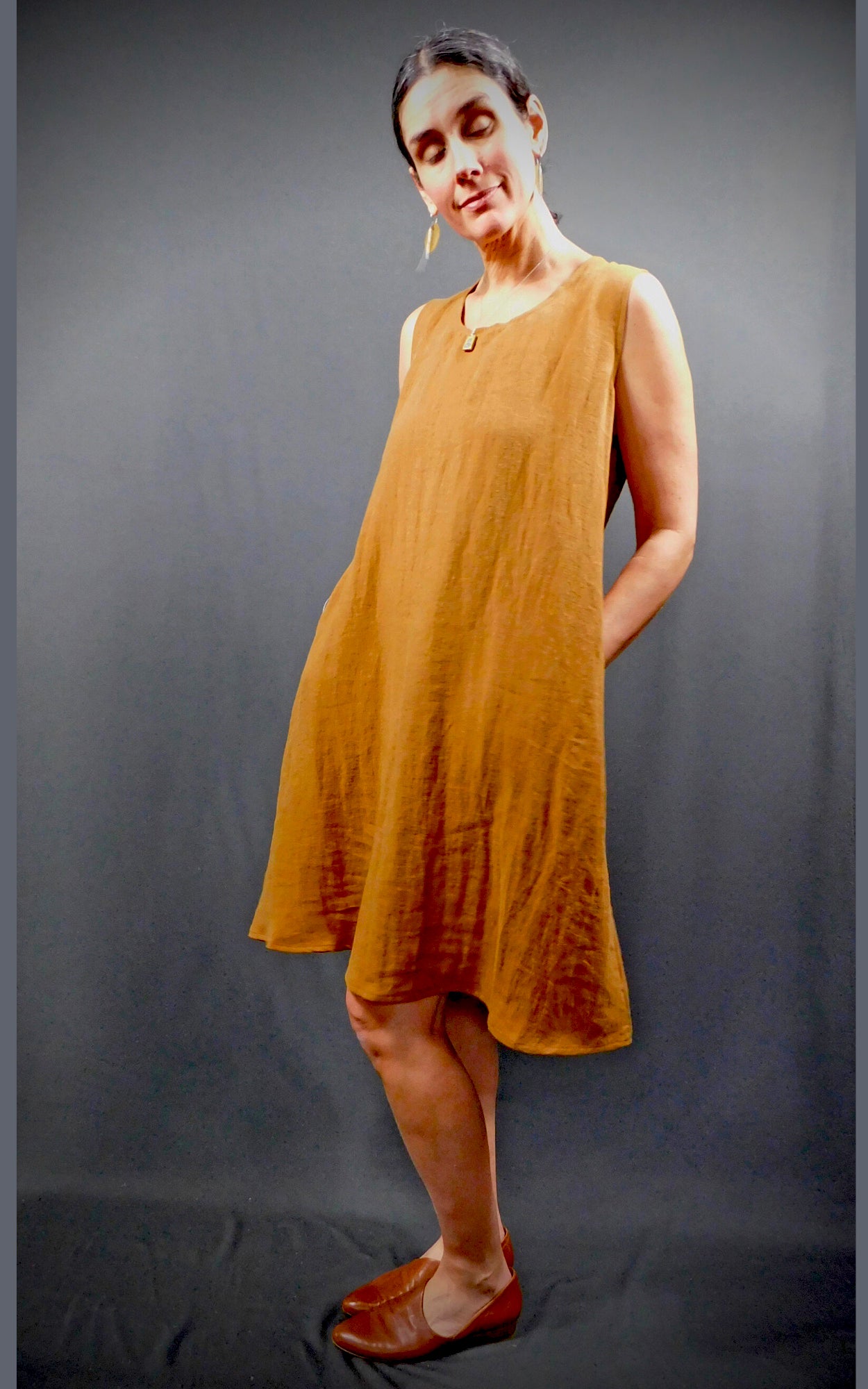 100% Linen Sleeveless Dress w pockets, colour Caramel
