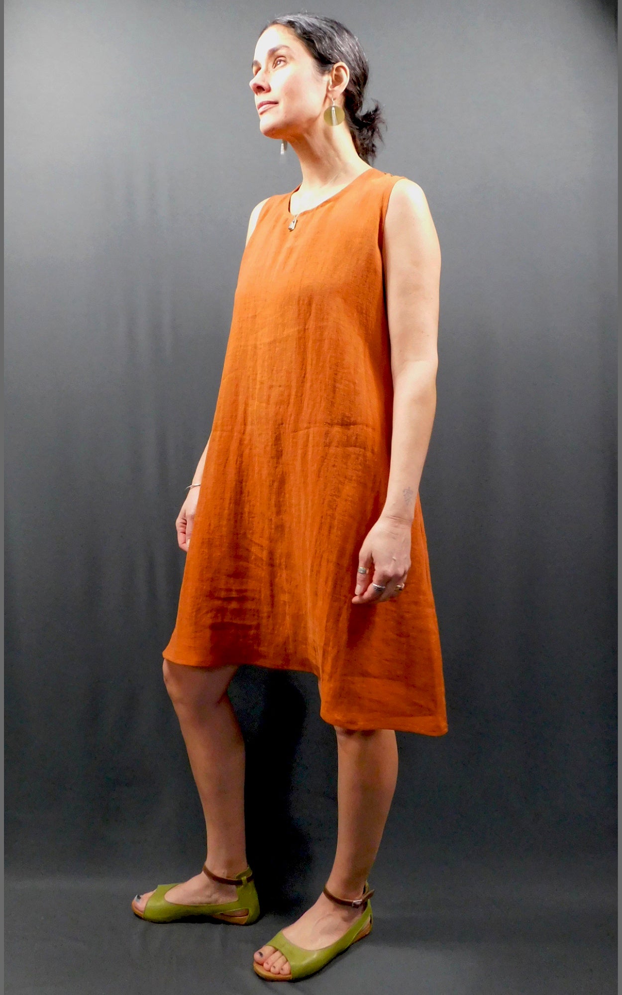 100% Linen Sleeveless Dress w pockets, colour Cognac (Orange)