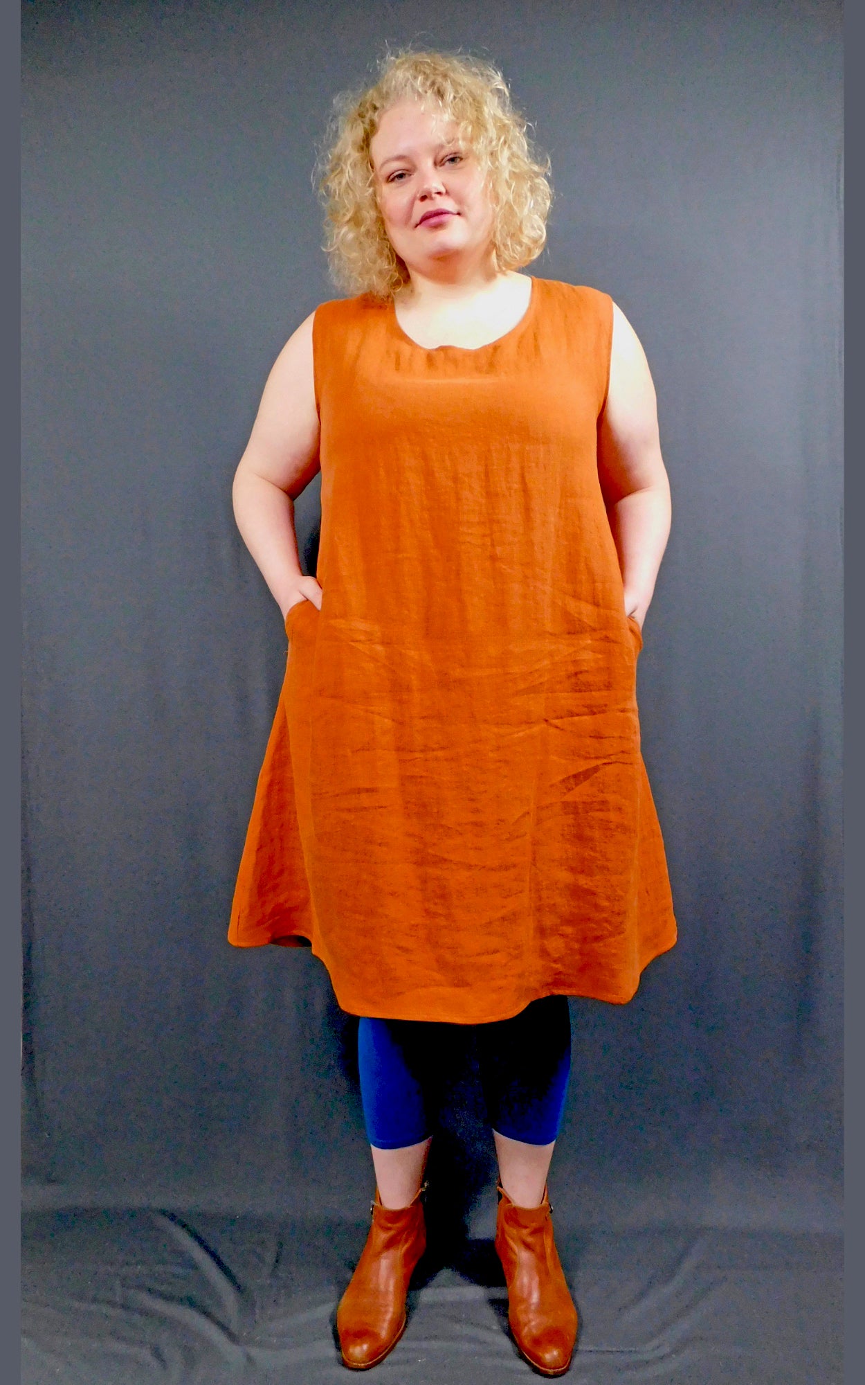 100% Linen Sleeveless Dress w pockets, colour Cognac (Orange)