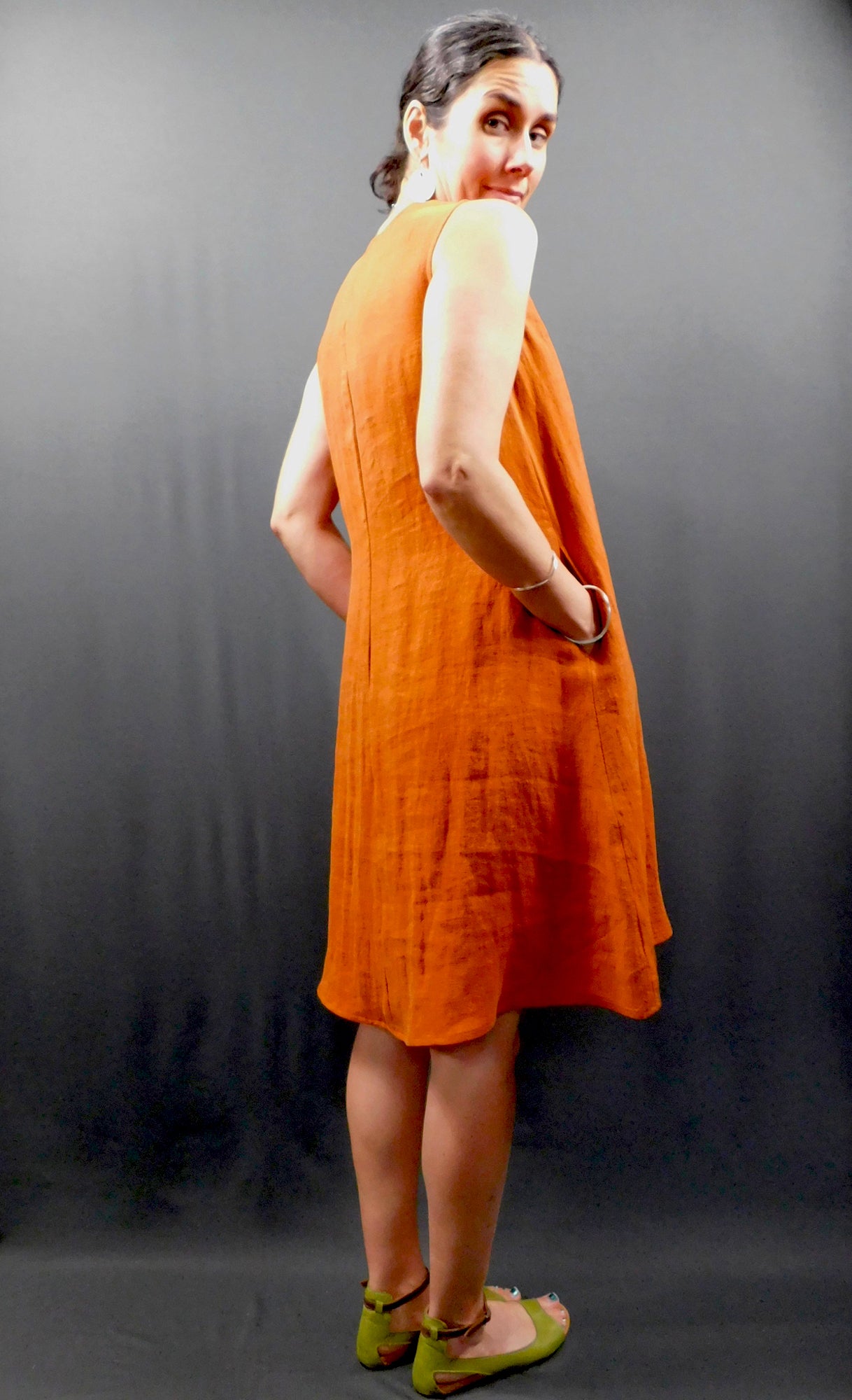 100% Linen Sleeveless Dress w pockets, colour Cognac (Orange), back view