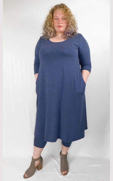 Bamboo Cotton 3/4 Sleeve Long Tunic Dress w Pockets - Heather