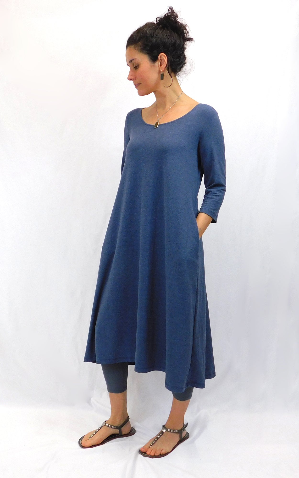 Bamboo Cotton 3/4 Sleeve Long Tunic Dress w Pockets - Heather Lake Blue