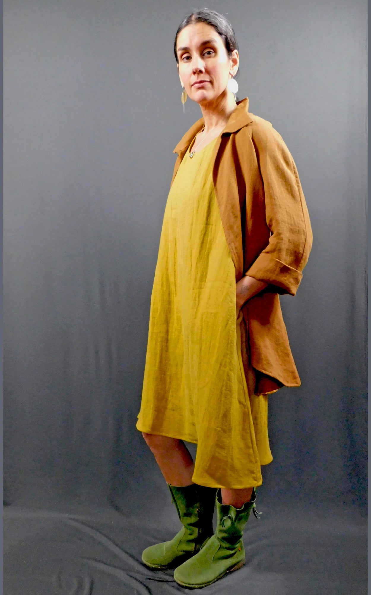 100% Linen Sleeveless Dress w pockets, colour Amber (Gold), worn under matching fabric 100% Linen Caramel Colour Raglan Sleeve Shirt Jacket