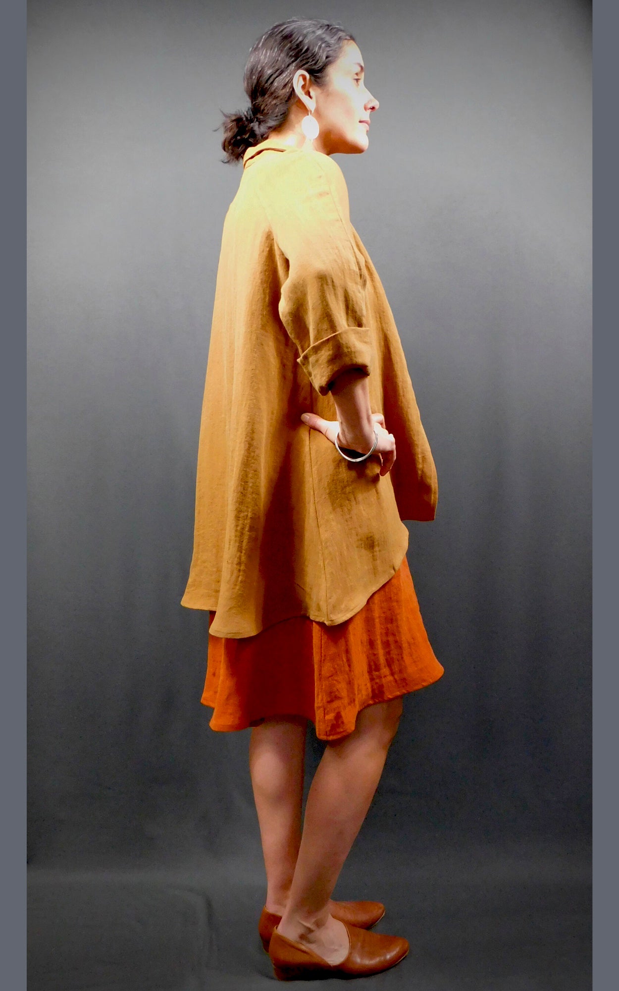 100% Linen Sleeveless Dress w pockets, colour Cognac (Orange), worn under 100% Linen Caramel colour Raglan Sleeve Shirt Jacket (back view)