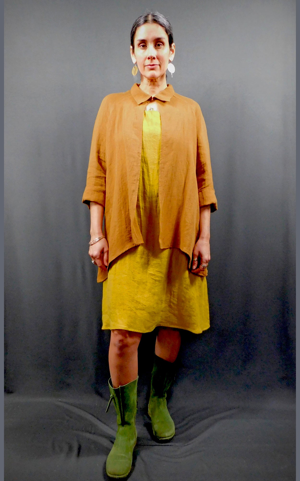 100% Linen Colour Amber Yellow Gold Sleeveless Dress with pockets worn under 100% Linen Raglan Sleeve Shirt Jacket Colour Caramel