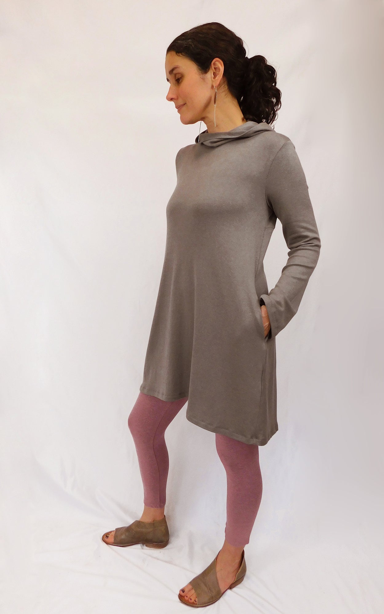 Modal Cotton Spring Sweater Tunic w/Hood & Pockets - Mink