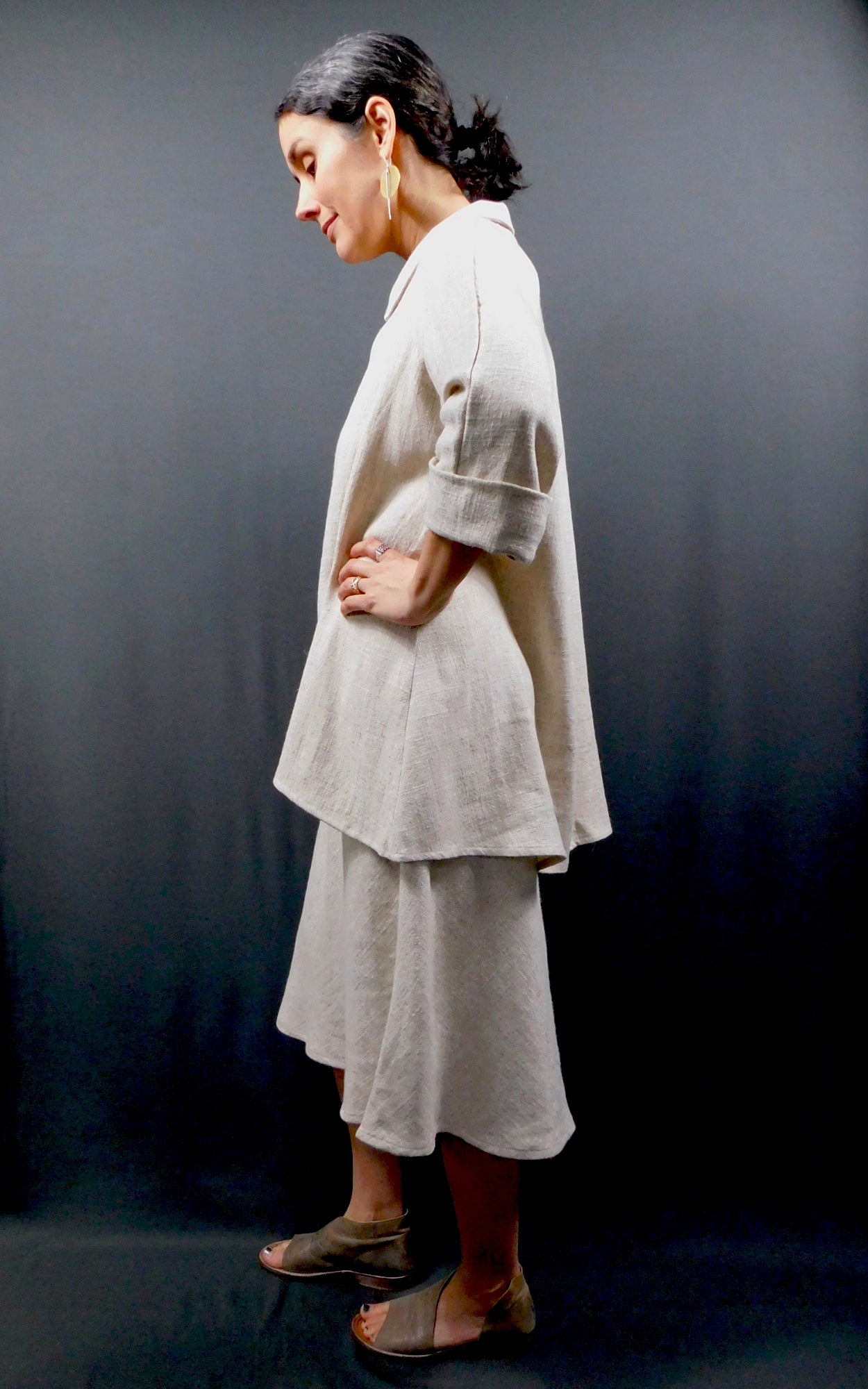 Linen Viscose Raglan Sleeve Open Shirt Jacket worn over matching sleeveless dress - Oatmeal