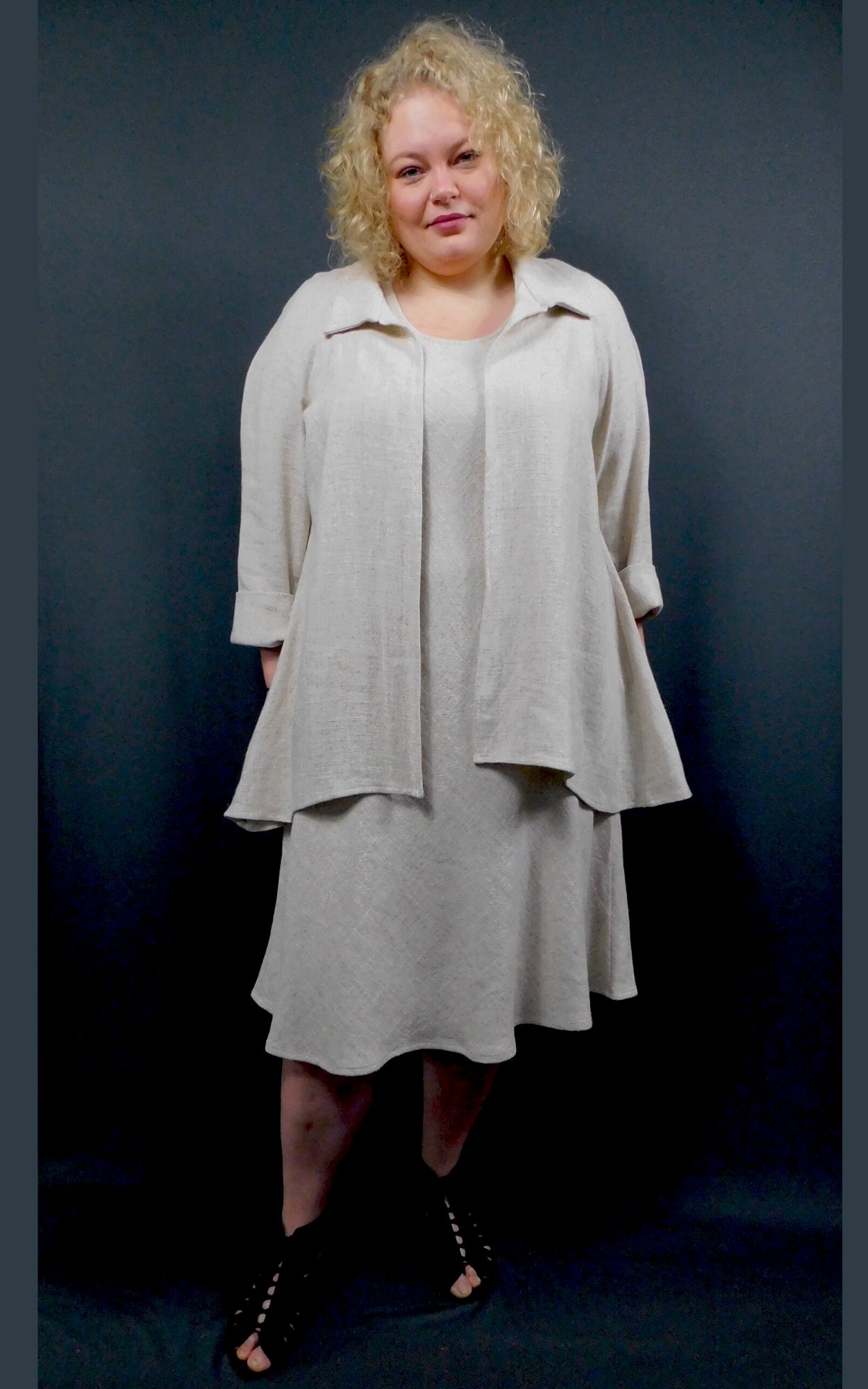 Linen Viscose Raglan Sleeve Open Shirt Jacket worn over matching sleeveless dress - Oatmeal