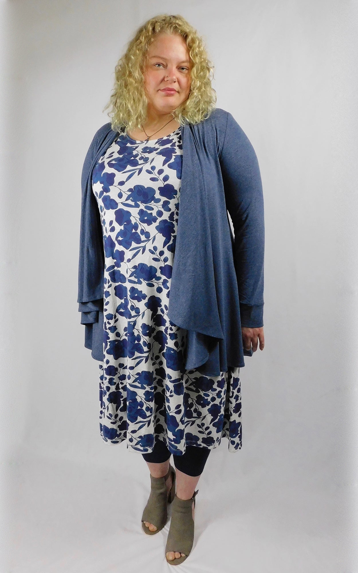 Bamboo Print 3/4 Sleeve Long Tunic Dress w Pockets