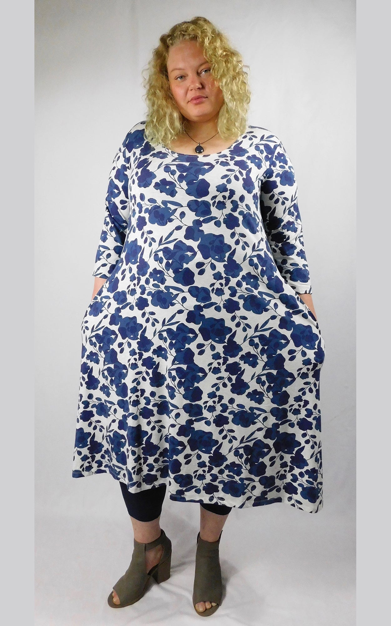 Bamboo Print 3/4 Sleeve Long Tunic Dress w Pockets